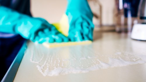 Technician treating stains on a patterned rug during rug cleaning in Bayswater